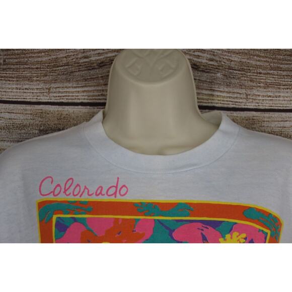 VINTAGE Peacock Papers Boston Womens Size Large Graphic Crew Neck T-Shirt Neon - Picture 2 of 8